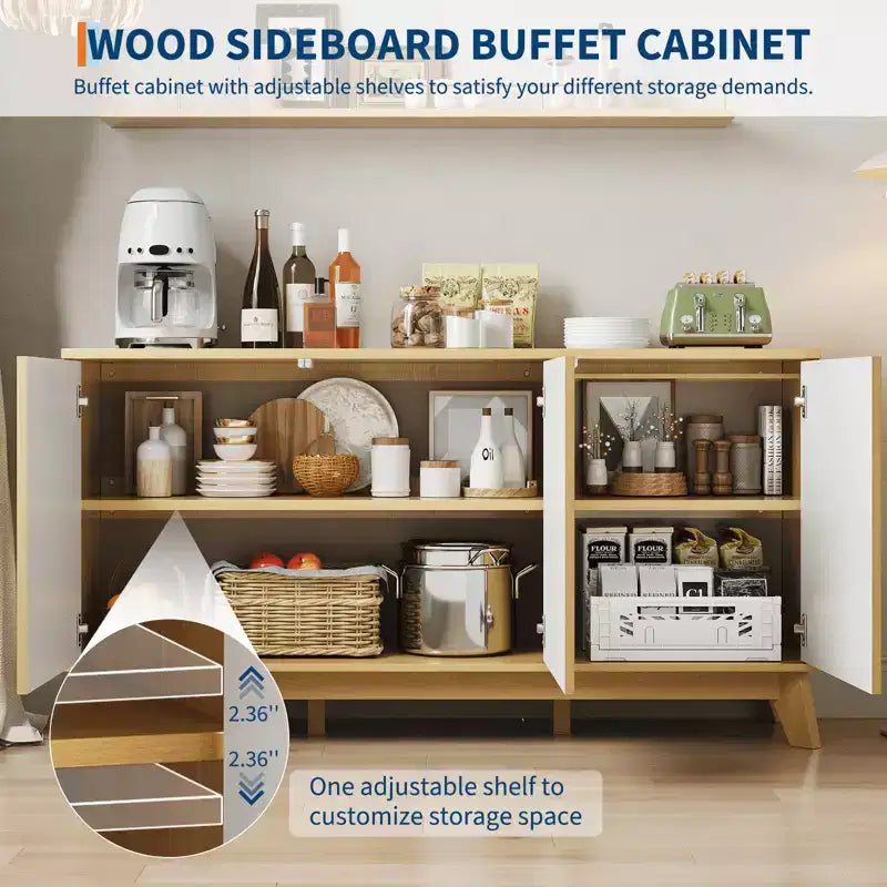 Credenza da buffet moderna da fattoria con scanalature, mobile credenza in legno da 58" con 3 ante e ripiani regolabili