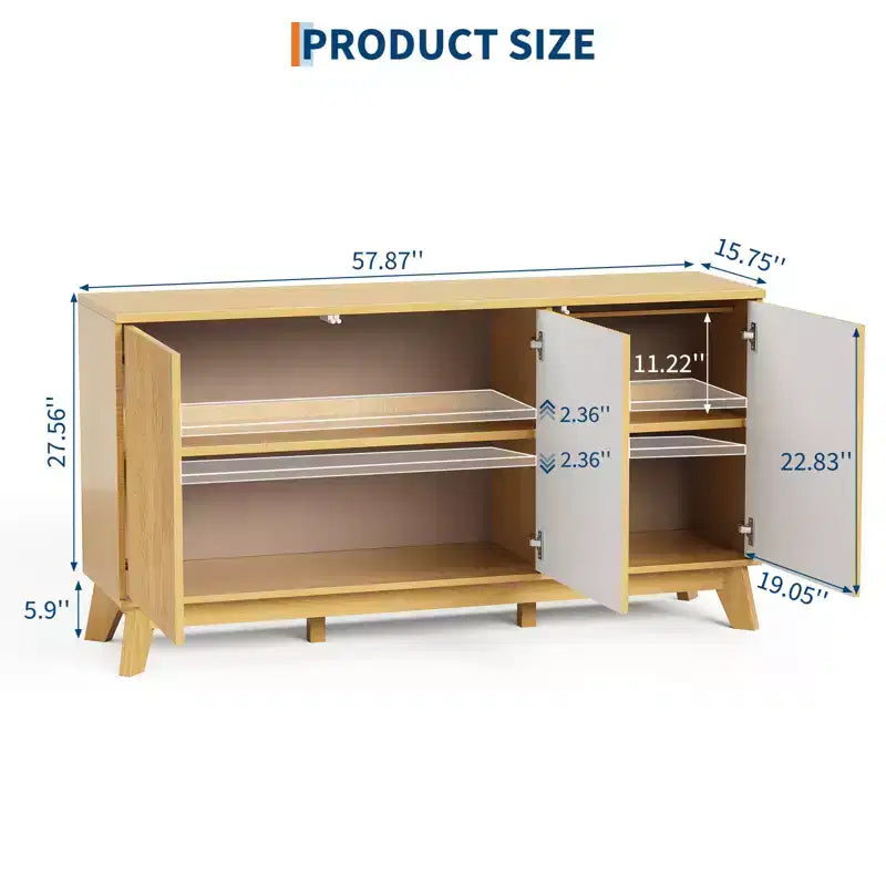 Credenza da buffet moderna da fattoria con scanalature, mobile credenza in legno da 58" con 3 ante e ripiani regolabili