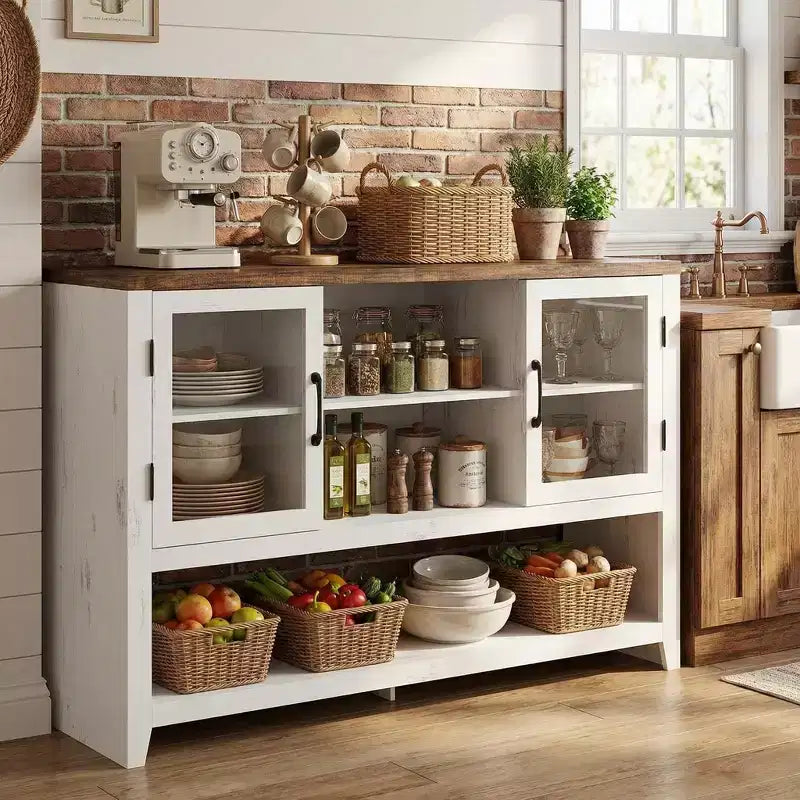 Credenza/Madia da 135 cm con 3 Ripiani e 2 Ante in Vetro - Mobile Contenitore Moderno Stile Metà Secolo per Caffè, Libri o Piatti