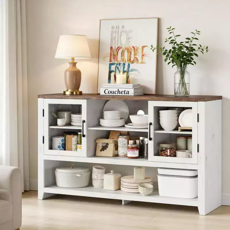 Credenza/Madia da 135 cm con 3 Ripiani e 2 Ante in Vetro - Mobile Contenitore Moderno Stile Metà Secolo per Caffè, Libri o Piatti