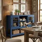 Credenza/Madia da 135 cm con 3 Ripiani e 2 Ante in Vetro - Mobile Contenitore Moderno Stile Metà Secolo per Caffè, Libri o Piatti