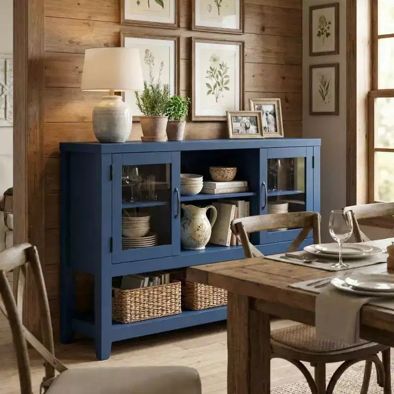 Credenza/Madia da 135 cm con 3 Ripiani e 2 Ante in Vetro - Mobile Contenitore Moderno Stile Metà Secolo per Caffè, Libri o Piatti