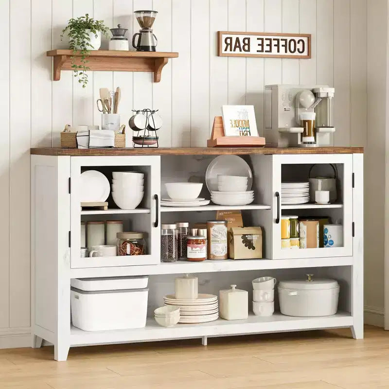 Credenza/Madia da 135 cm con 3 Ripiani e 2 Ante in Vetro - Mobile Contenitore Moderno Stile Metà Secolo per Caffè, Libri o Piatti