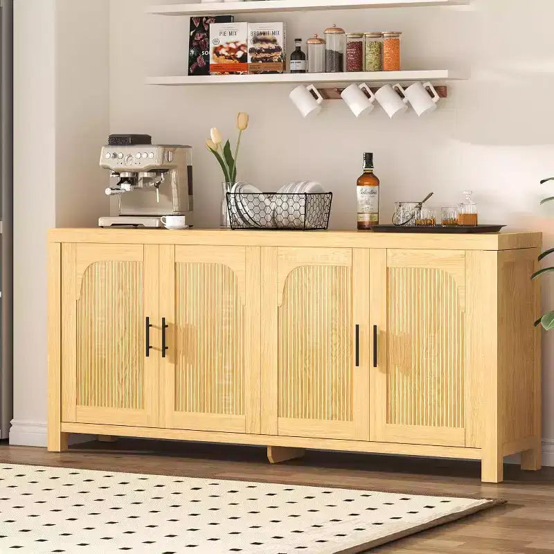 71-inch sideboard, four-door design, with recessed trim and adjustable shelves.