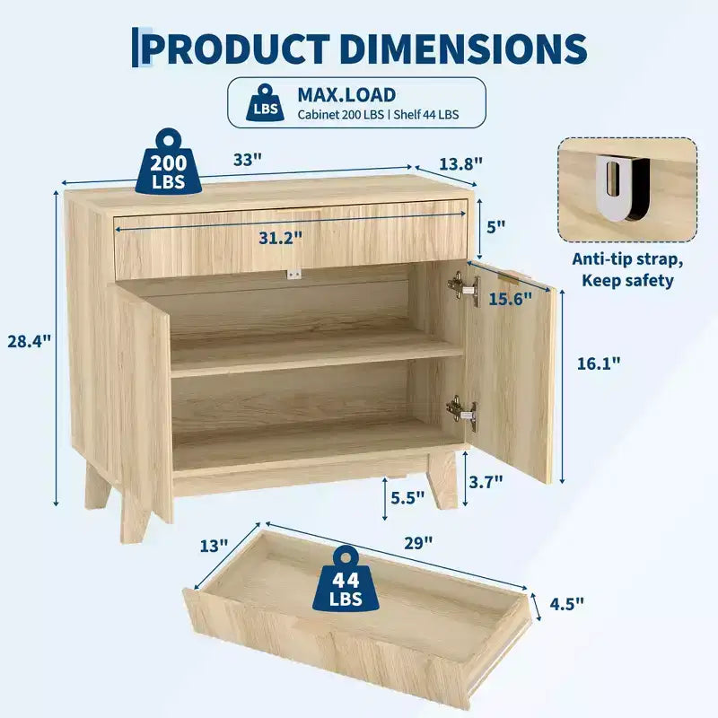 Credenza con ante scanalate e cassetti, con ripiani regolabili, Mobile contenitore per sala da pranzo, per soggiorno