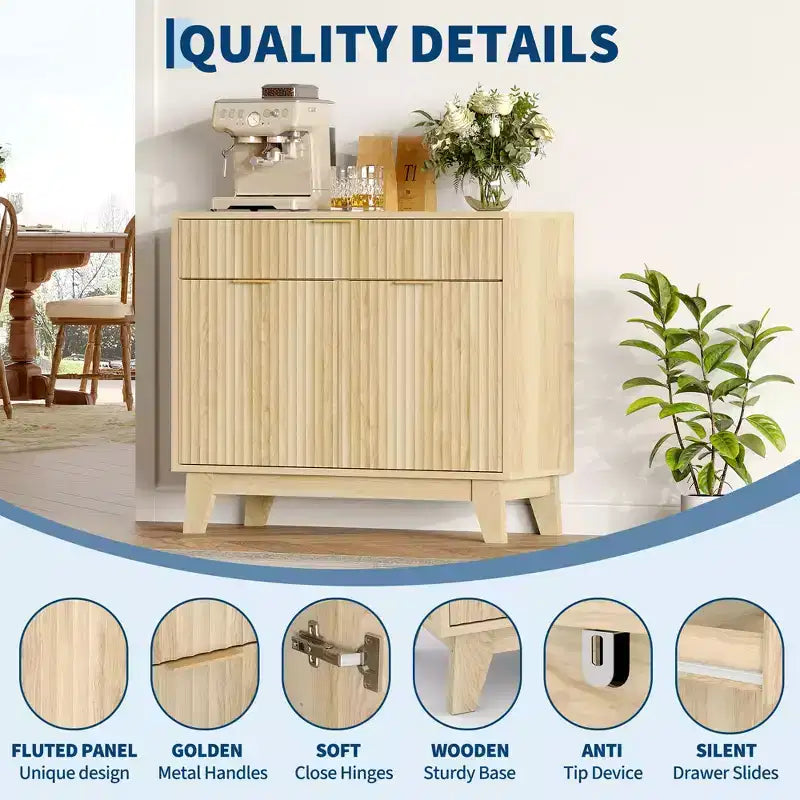 Credenza con ante scanalate e cassetti, con ripiani regolabili, Mobile contenitore per sala da pranzo, per soggiorno