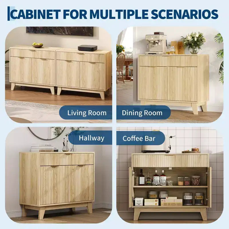 Credenza con ante scanalate e cassetti, con ripiani regolabili, Mobile contenitore per sala da pranzo, per soggiorno