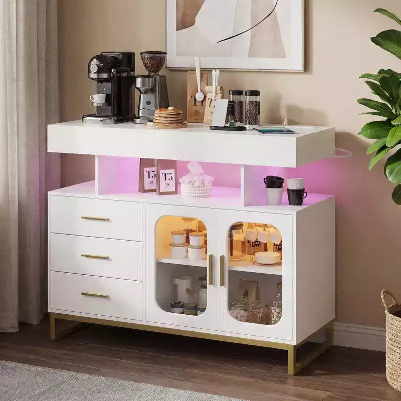 Madia moderna con luci LED RGB a sensore automatico e stazione di ricarica integrata, tavolo da bar per caffè con contenitore