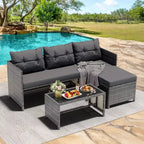 Set di mobili da giardino da esterno Celebalcony, 3 pezzi in rattan, divano componibile a L con cuscini e tavolino in vetro per balcone e giardino