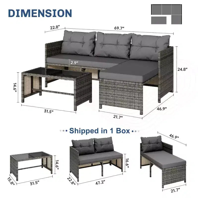 Set di mobili da giardino da esterno Celebalcony, 3 pezzi in rattan, divano componibile a L con cuscini e tavolino in vetro per balcone e giardino