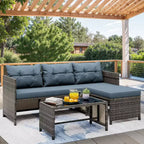 Set di mobili da giardino da esterno Celebalcony, 3 pezzi in rattan, divano componibile a L con cuscini e tavolino in vetro per balcone e giardino