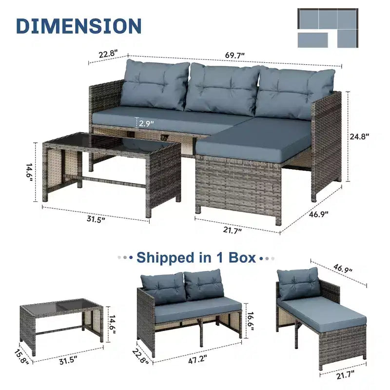 Set di mobili da giardino da esterno Celebalcony, 3 pezzi in rattan, divano componibile a L con cuscini e tavolino in vetro per balcone e giardino