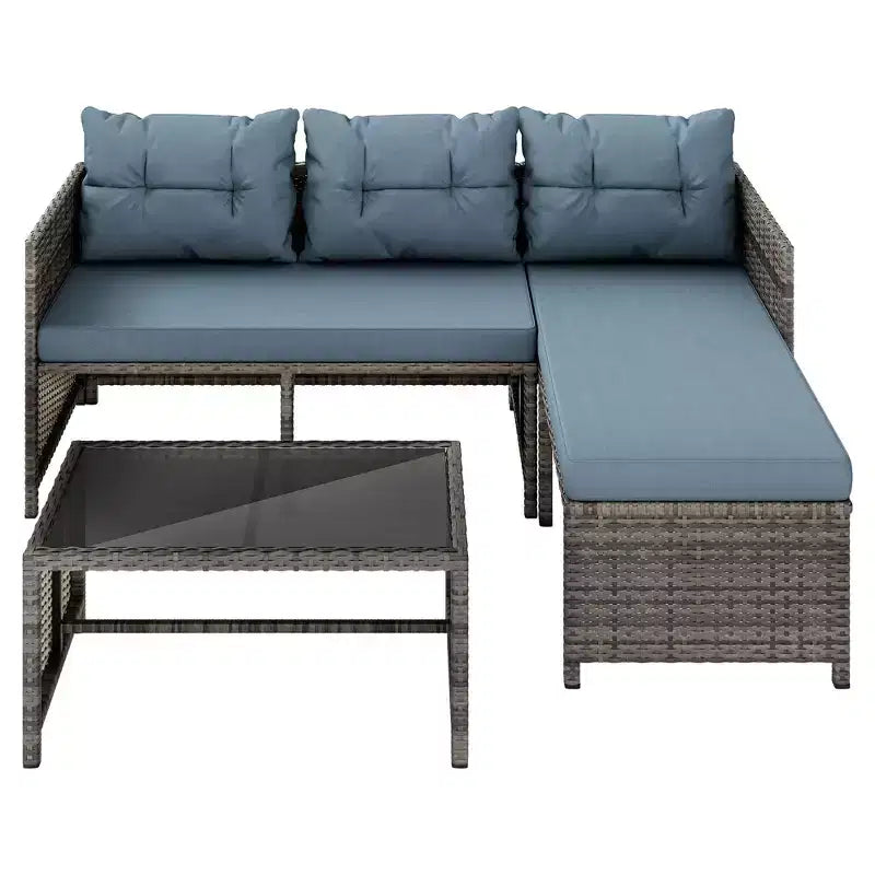 Set di mobili da giardino da esterno Celebalcony, 3 pezzi in rattan, divano componibile a L con cuscini e tavolino in vetro per balcone e giardino