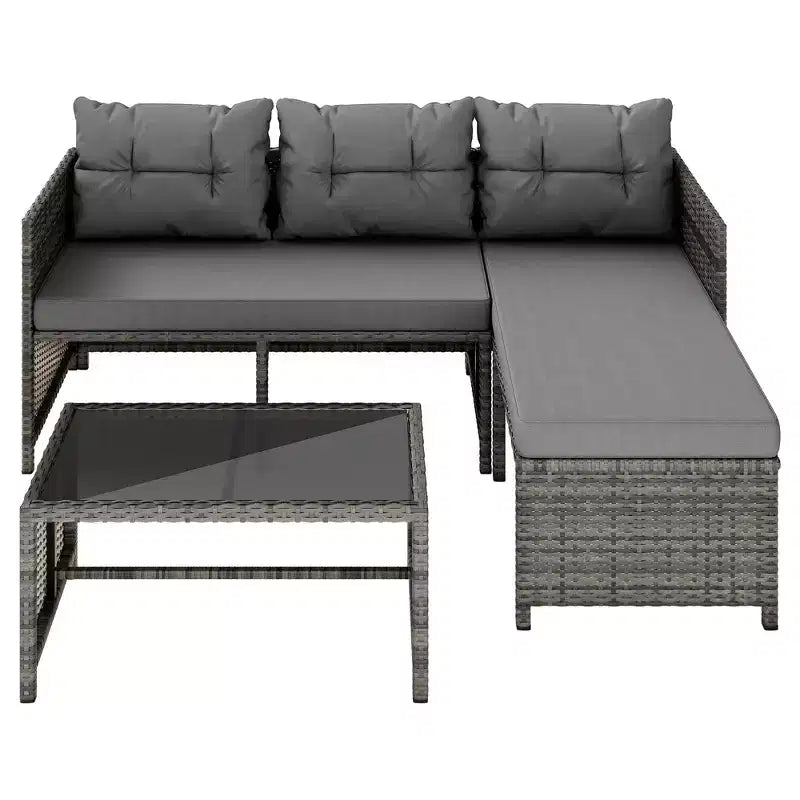 Set di mobili da giardino da esterno Celebalcony, 3 pezzi in rattan, divano componibile a L con cuscini e tavolino in vetro per balcone e giardino
