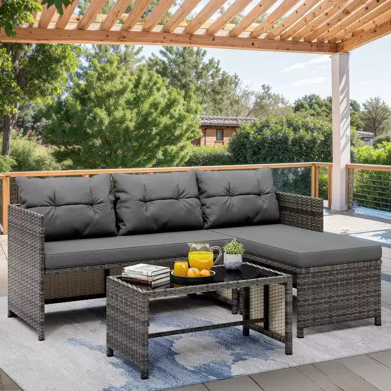 Celebalcony Salon de jardin 3 pièces en rotin, canapé d'angle en forme de L avec coussins et table en verre pour balcon et jardin