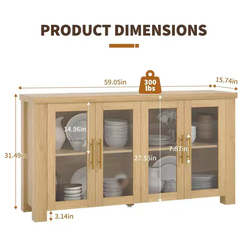 COZONY Buffet avec portes en verre trempé, buffet de rangement en bois pour salle à manger, salon, cuisine