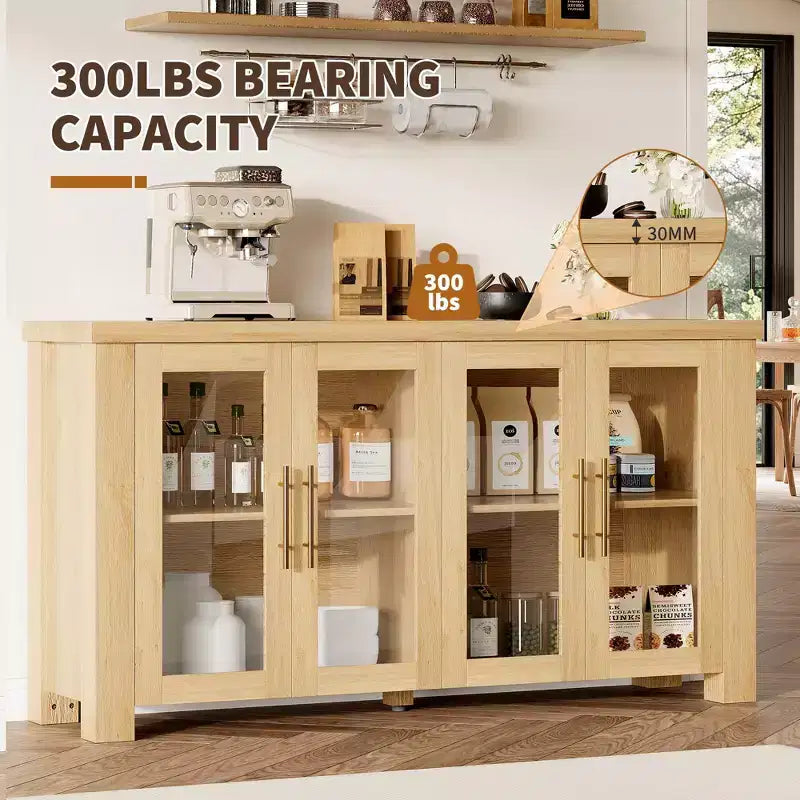 COZONY Buffet avec portes en verre trempé, buffet de rangement en bois pour salle à manger, salon, cuisine