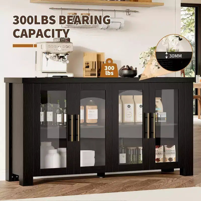 COZONY Buffet avec portes en verre trempé, buffet de rangement en bois pour salle à manger, salon, cuisine