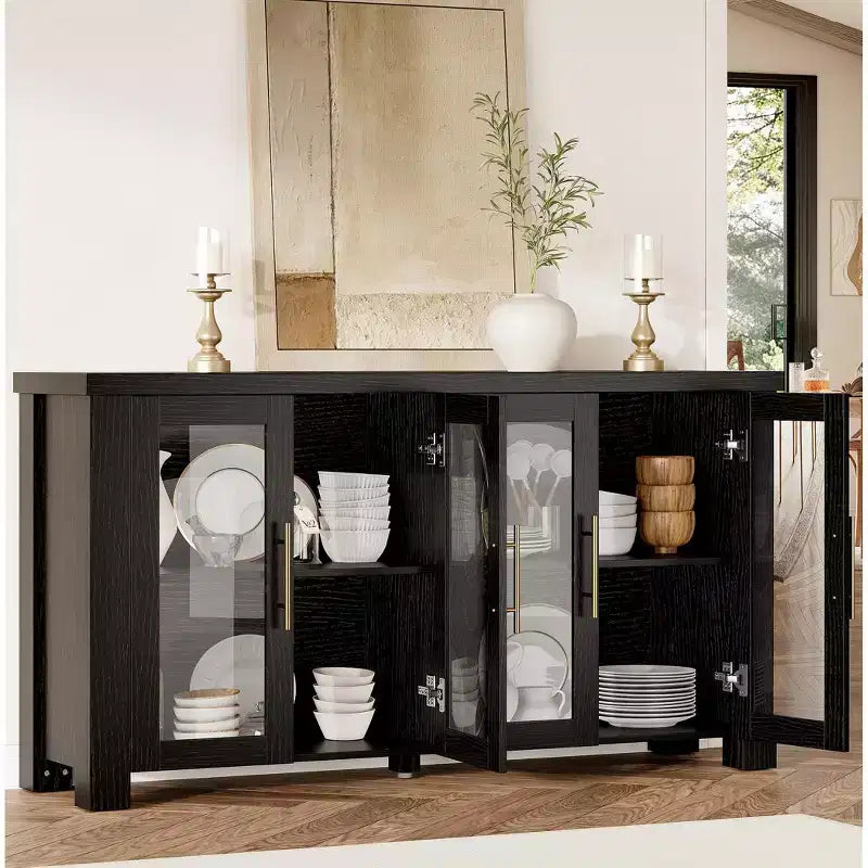 COZONY Buffet avec portes en verre trempé, buffet de rangement en bois pour salle à manger, salon, cuisine