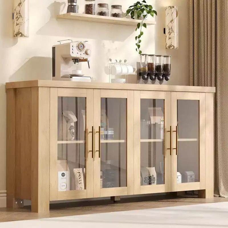 COZONY Mobile Buffet con Ante in Vetro Temperato, Credenza Contenitore in Legno per Sala da Pranzo, Soggiorno, Cucina