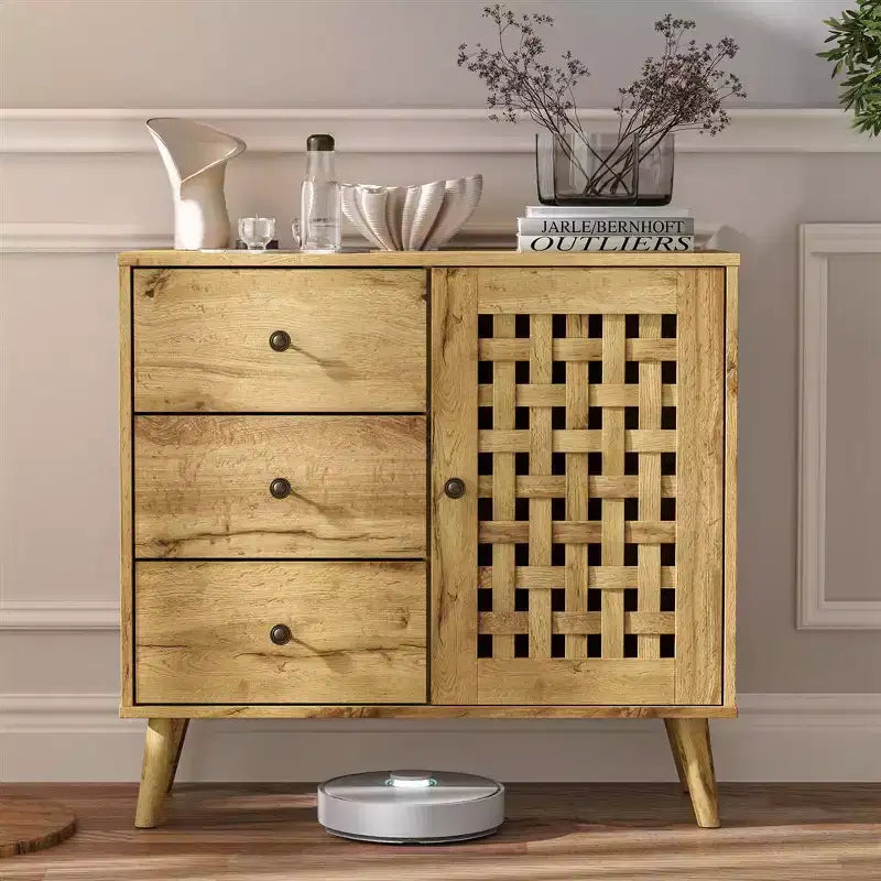 Storage Cabinet , Coffee Bar with Adjustable Shelves, Vintage Buffet Sideboard, Natural Wood