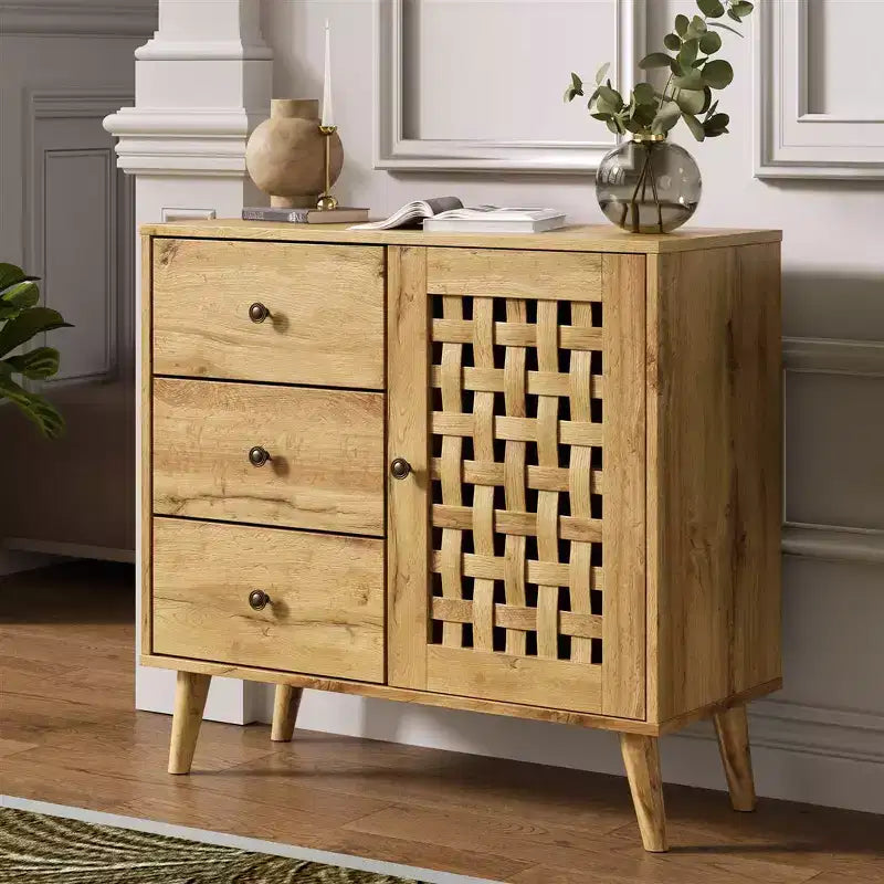 Armadietto contenitore, mobile bar con ripiani regolabili, credenza vintage, legno naturale