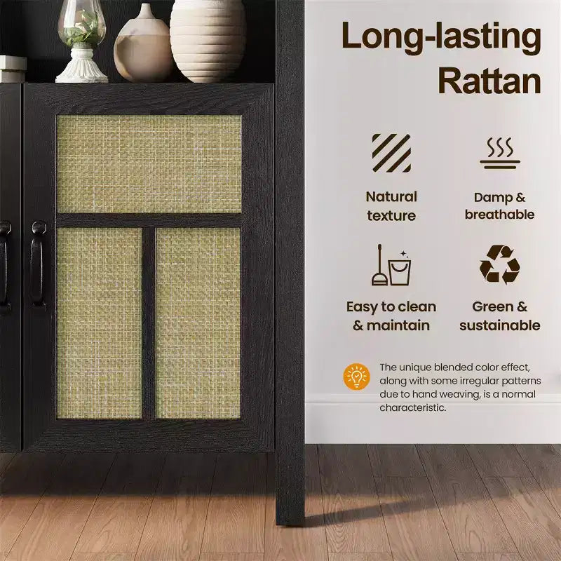 Mobile contenitore alto in rattan con arco da 70", credenza bohémien con ripiani regolabili, mobile dispensa alto, nero
