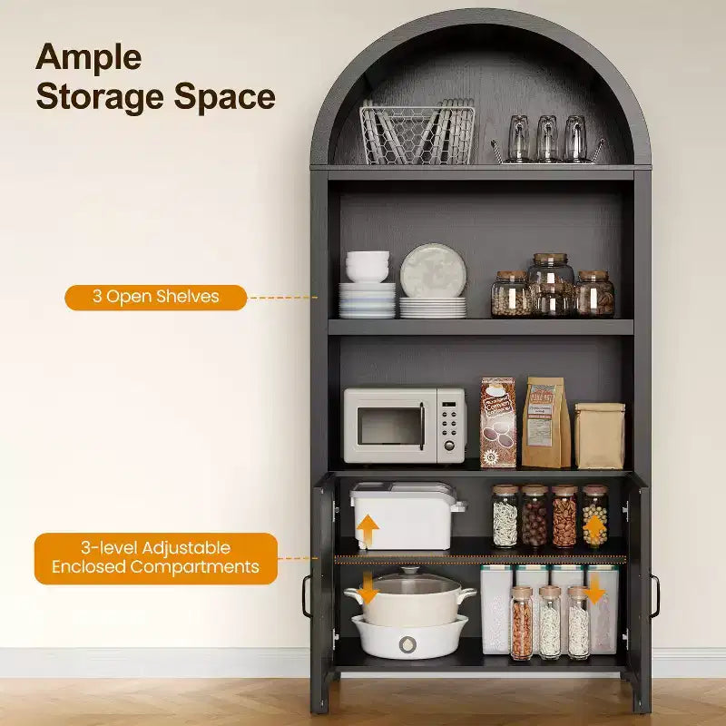 Mobile contenitore alto in rattan con arco da 70", credenza bohémien con ripiani regolabili, mobile dispensa alto, nero