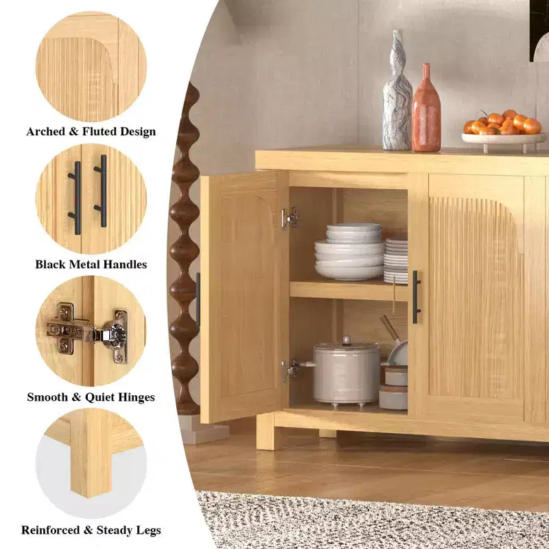 COZONY 71 Mobile Buffet Contenitore da Fattoria con 4 Ante, Ripiani Regolabili, Rovere Chiaro