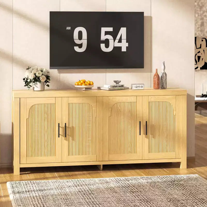 COZONY 71 Mobile Buffet Contenitore da Fattoria con 4 Ante, Ripiani Regolabili, Rovere Chiaro