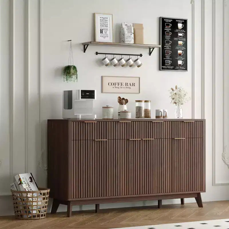 Farmhouse Buffet Sideboard Cabinet with Drawers & Doors, Fluted Wood Coffee Bar Storage Cabinet with Adjustable Shelves for Kitchen Dining Room