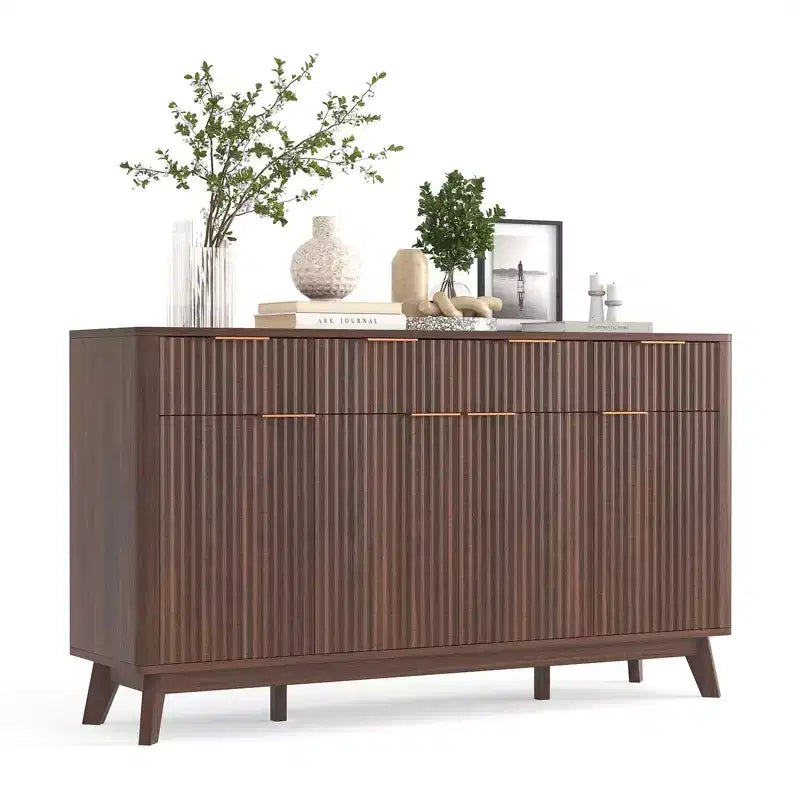 Madia a buffet in stile rustico con cassetti e ante, credenza per angolo caffè in legno scanalato con ripiani regolabili per cucina e sala da pranzo