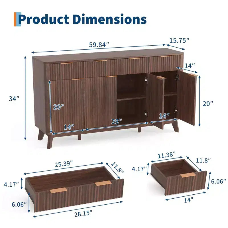 Madia a buffet in stile rustico con cassetti e ante, credenza per angolo caffè in legno scanalato con ripiani regolabili per cucina e sala da pranzo
