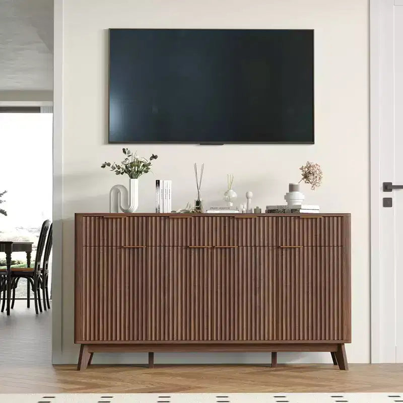 Madia a buffet in stile rustico con cassetti e ante, credenza per angolo caffè in legno scanalato con ripiani regolabili per cucina e sala da pranzo