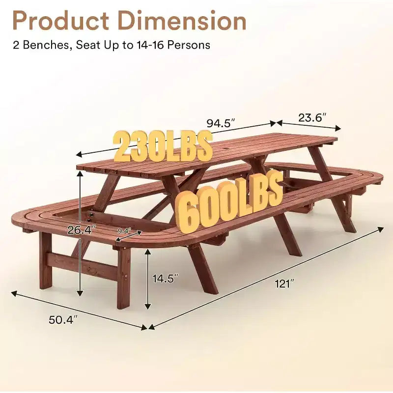 Zevemomo Set da pranzo da esterno in legno per 14-16 persone con foro per ombrellone, 2 panche lunghe incorporate, capacità totale di 2630 libbre per cortili, marrone