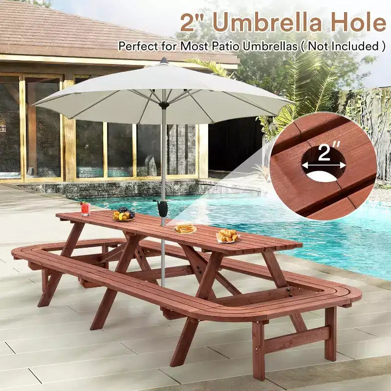Zevemomo Set da pranzo da esterno in legno per 14-16 persone con foro per ombrellone, 2 panche lunghe incorporate, capacità totale di 2630 libbre per cortili, marrone