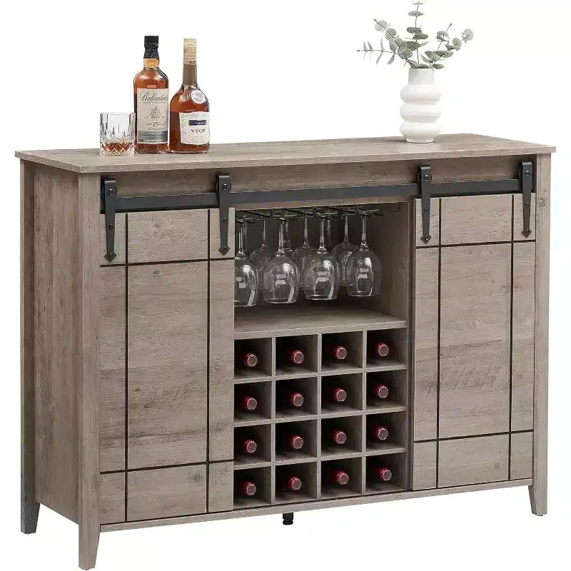Meuble de bar de ferme avec porte coulissante, station à vin et café rustique 47", range-bouteilles 16 bouteilles, étagères réglables pour salle à manger, cuisine