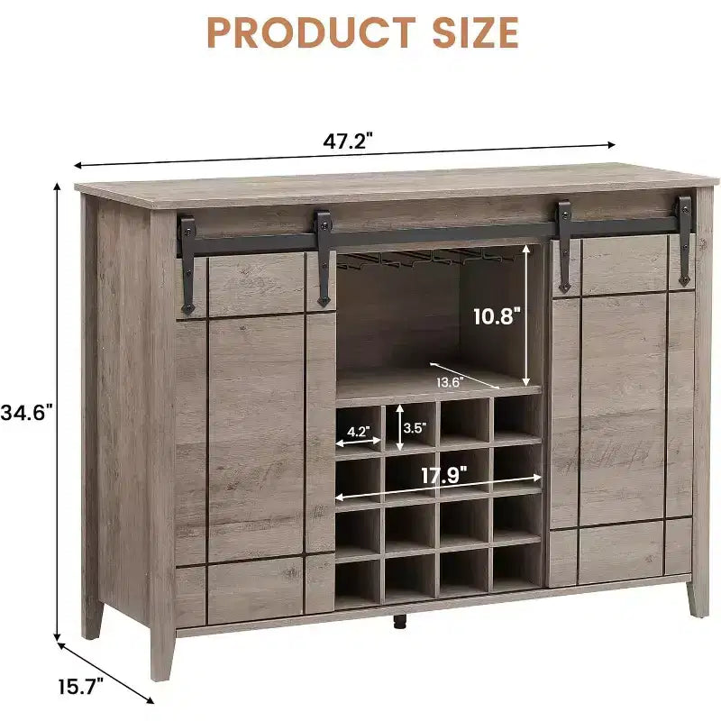 Meuble de bar de ferme avec porte coulissante, station à vin et café rustique 47", range-bouteilles 16 bouteilles, étagères réglables pour salle à manger, cuisine