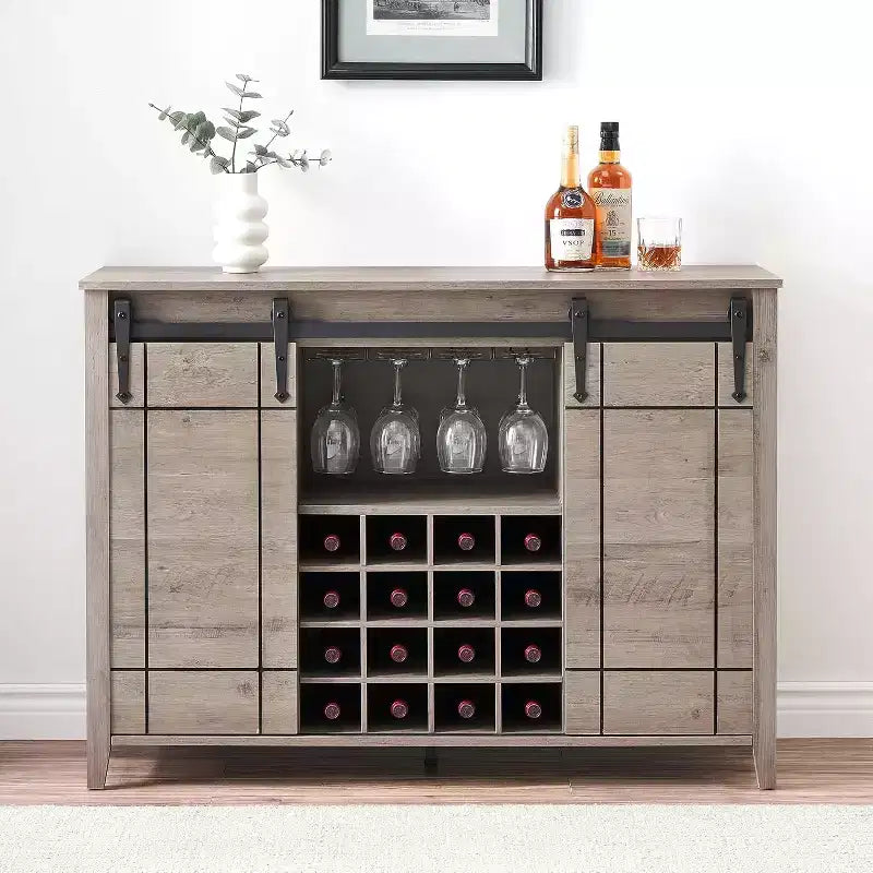 Meuble de bar de ferme avec porte coulissante, station à vin et café rustique 47", range-bouteilles 16 bouteilles, étagères réglables pour salle à manger, cuisine