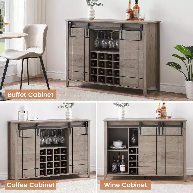 Meuble de bar de ferme avec porte coulissante, station à vin et café rustique 47", range-bouteilles 16 bouteilles, étagères réglables pour salle à manger, cuisine