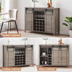 Meuble de bar de ferme avec porte coulissante, station à vin et café rustique 47", range-bouteilles 16 bouteilles, étagères réglables pour salle à manger, cuisine