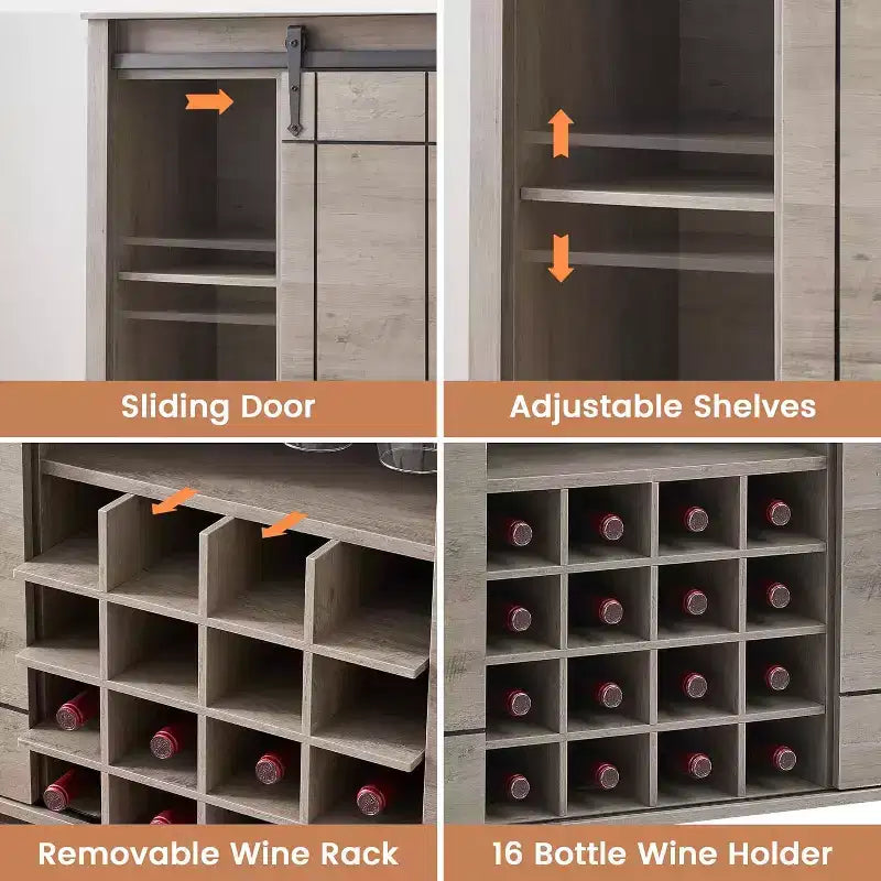 Meuble de bar de ferme avec porte coulissante, station à vin et café rustique 47", range-bouteilles 16 bouteilles, étagères réglables pour salle à manger, cuisine