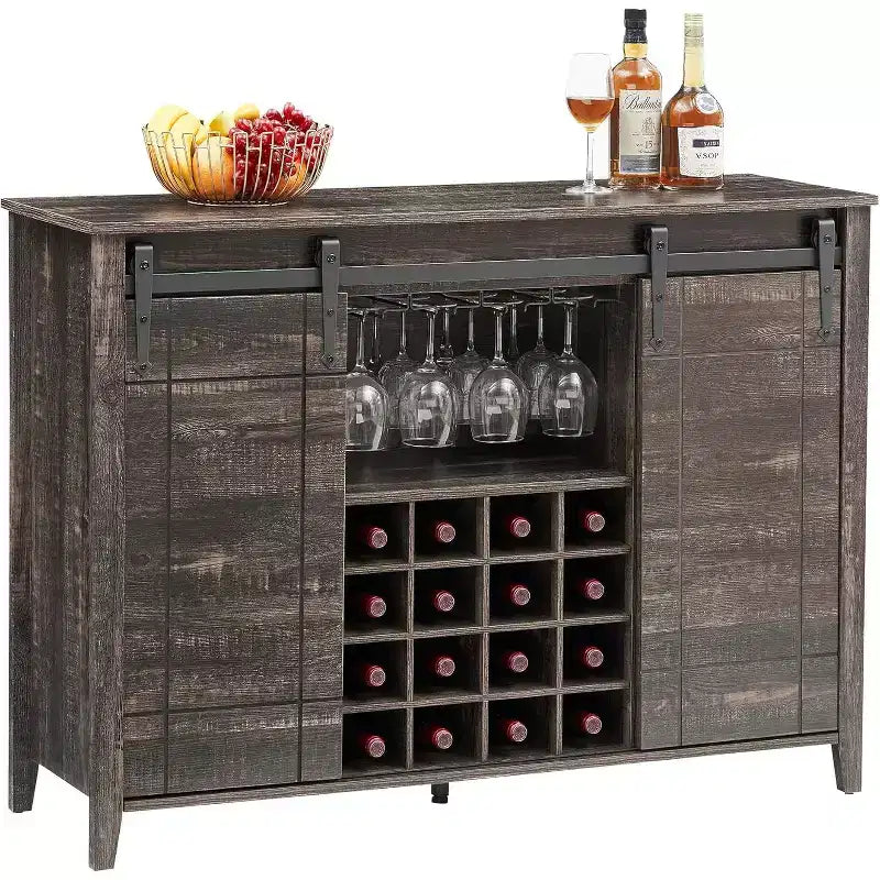 Meuble de bar de ferme avec porte coulissante, station à vin et café rustique 47", range-bouteilles 16 bouteilles, étagères réglables pour salle à manger, cuisine