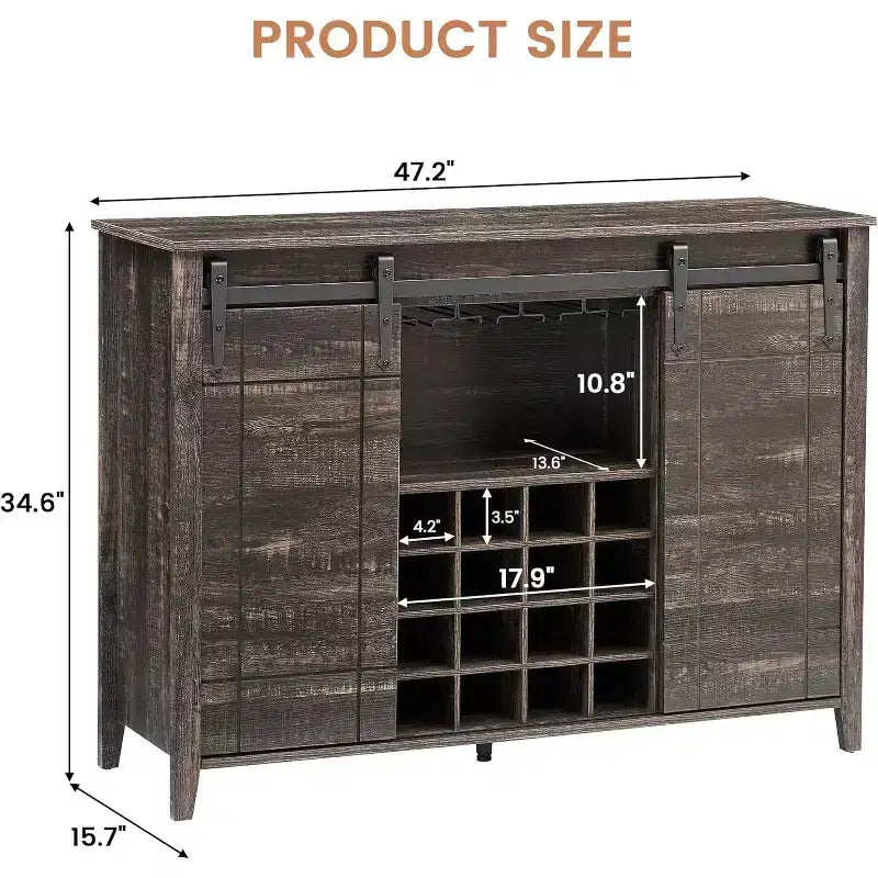 Meuble de bar de ferme avec porte coulissante, station à vin et café rustique 47", range-bouteilles 16 bouteilles, étagères réglables pour salle à manger, cuisine
