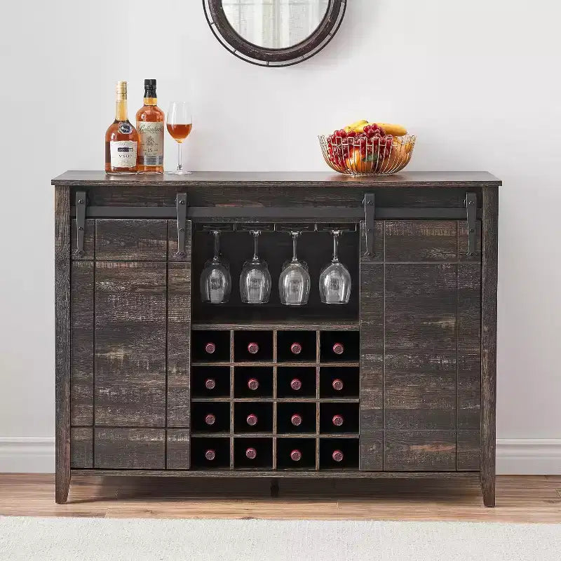 Meuble de bar de ferme avec porte coulissante, station à vin et café rustique 47", range-bouteilles 16 bouteilles, étagères réglables pour salle à manger, cuisine