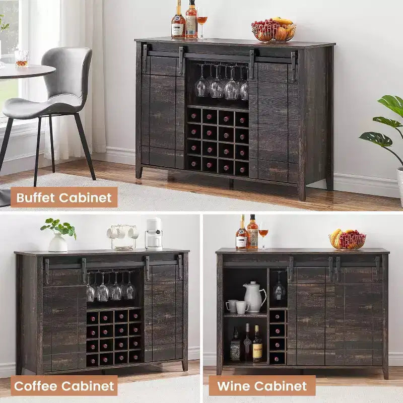 Meuble de bar de ferme avec porte coulissante, station à vin et café rustique 47", range-bouteilles 16 bouteilles, étagères réglables pour salle à manger, cuisine