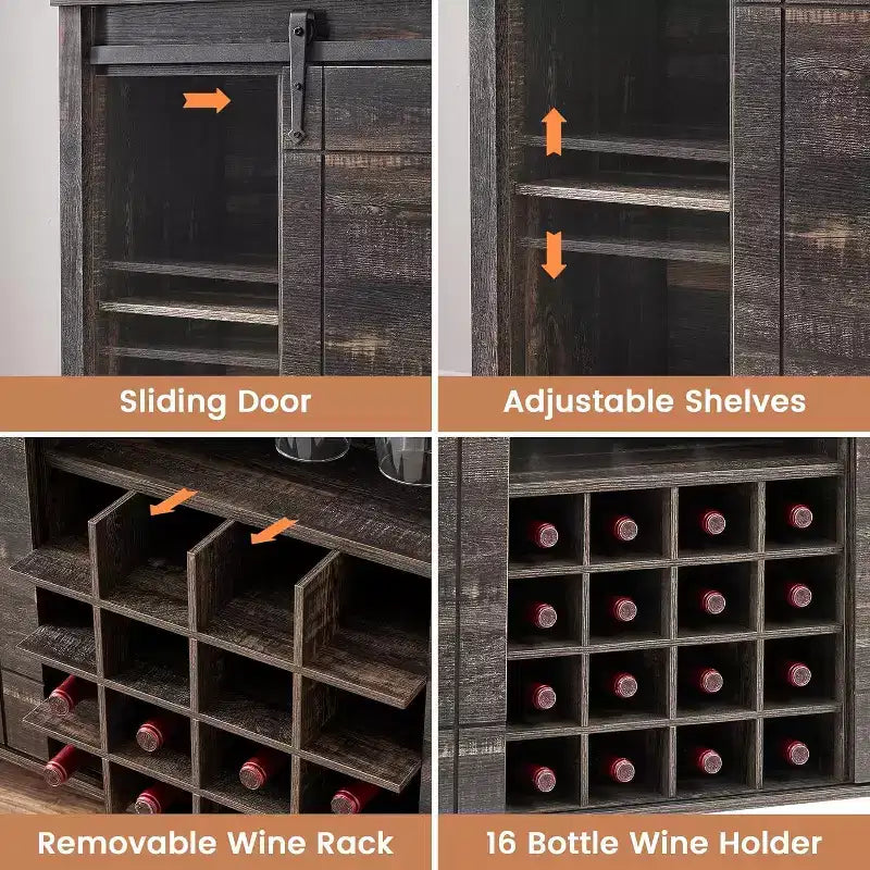 Meuble de bar de ferme avec porte coulissante, station à vin et café rustique 47", range-bouteilles 16 bouteilles, étagères réglables pour salle à manger, cuisine