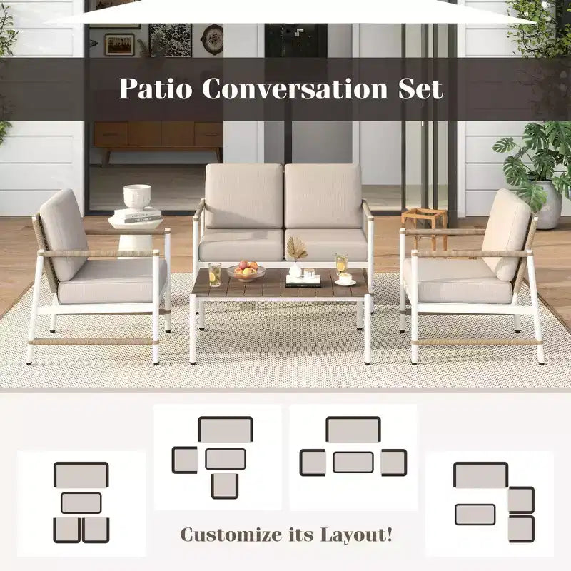 Costway Set Mobili da Giardino 4/8 Pezzi Divano da Esterno con Tavolino e 2 Sedie Singole