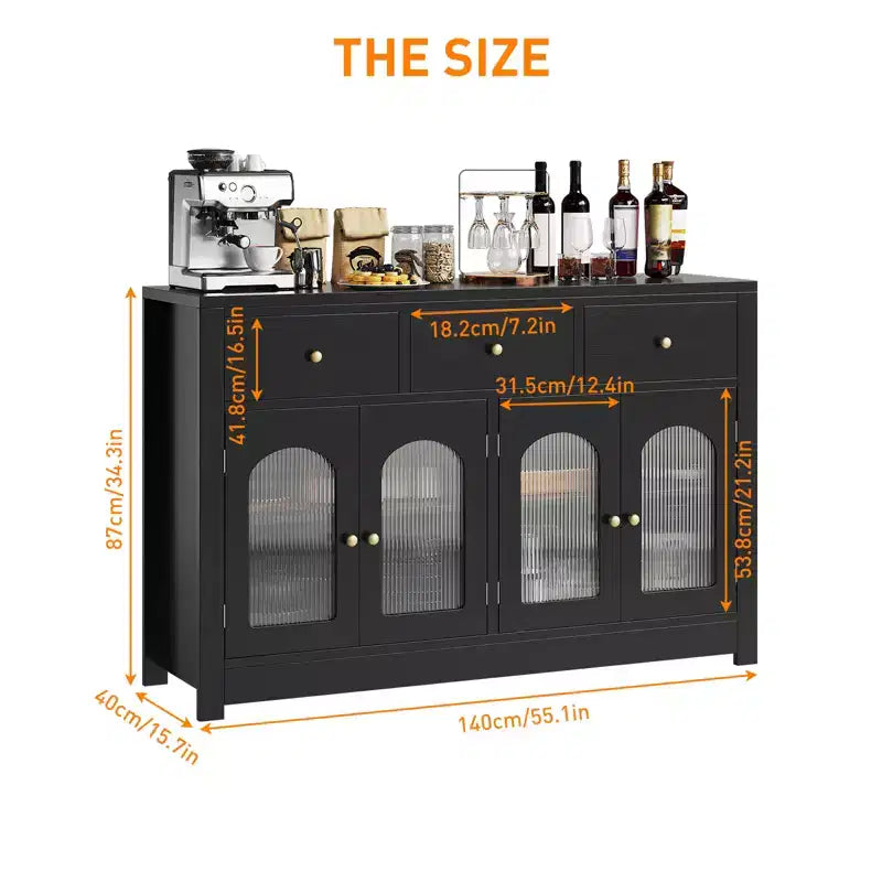 55 Credenza a buffet, mobile bar moderno con ante ad arco in acrilico scanalato, 3 cassetti e ripiani regolabili per sala da pranzo e soggiorno, nero