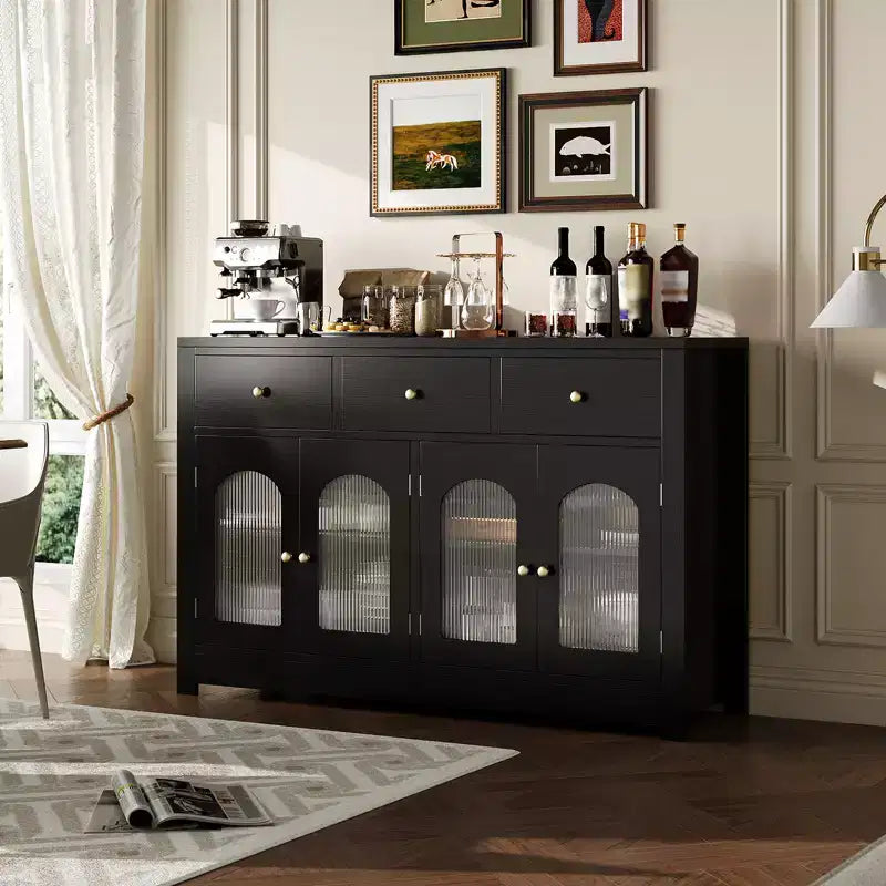 55 Credenza a buffet, mobile bar moderno con ante ad arco in acrilico scanalato, 3 cassetti e ripiani regolabili per sala da pranzo e soggiorno, nero